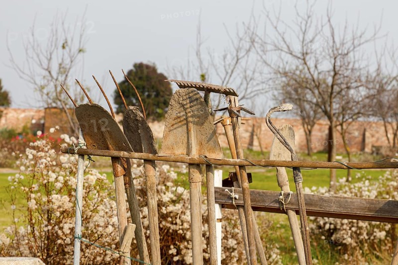 Garden and garden tools on the island of Mazzoboro, Venice, Veneto, Italy