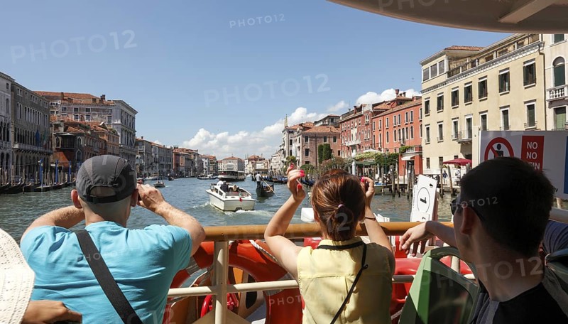 View from the vaporetto onto the Grand Canal, Venice, Veneto, Italy