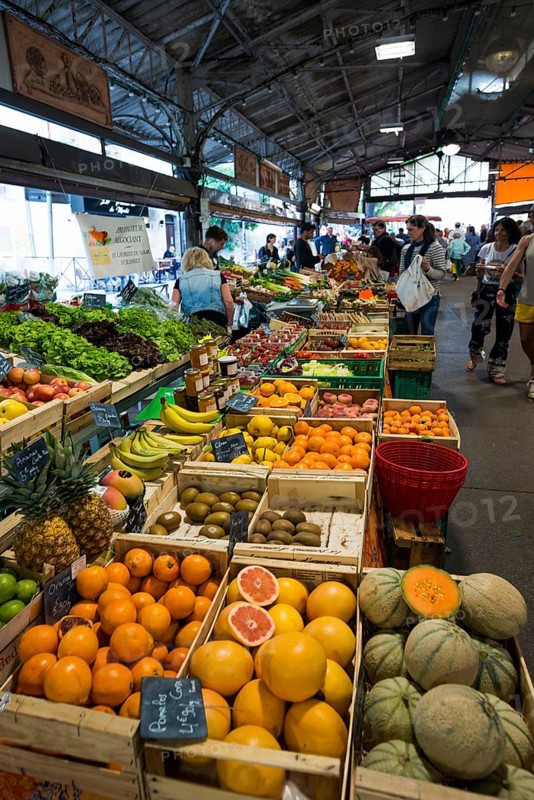 Market stall with fruit, market hall, Marche Provencal, Antibes, Provence Alpes Côte d'Azur, South of France, France