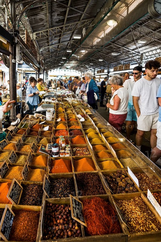 Market stall with spices, market hall, Marche Provencal, Antibes, Provence Alpes Côte d'Azur, South of France, France