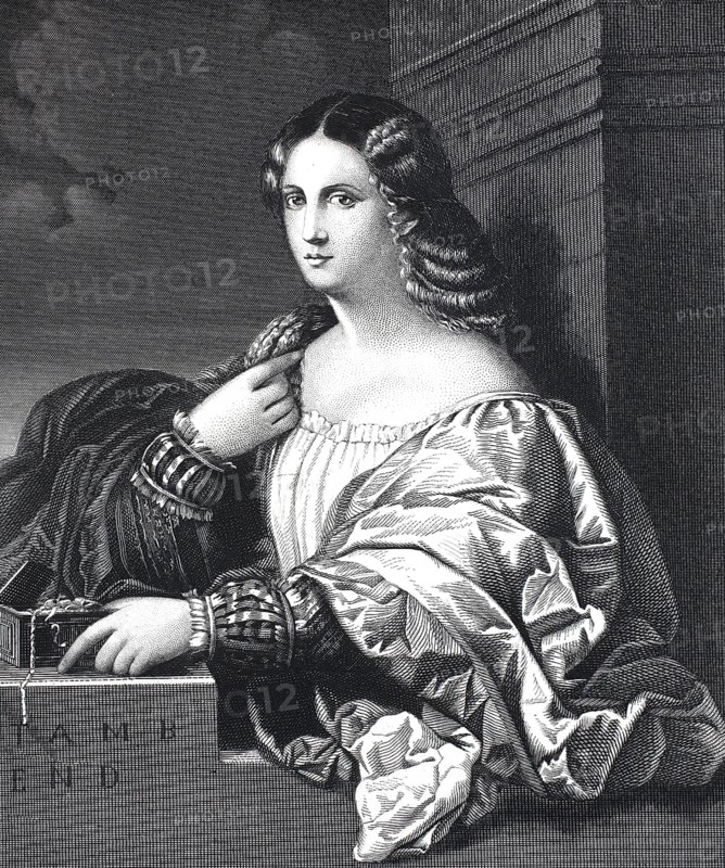 Bella Donna, beautiful woman, portrait, steel engraving after a painting by Titian, Historic, digitally restored reproduction of a 19th century original, An elegant portrait of a woman in the Renaissance style in black and white with detailed clothing and hairstyle