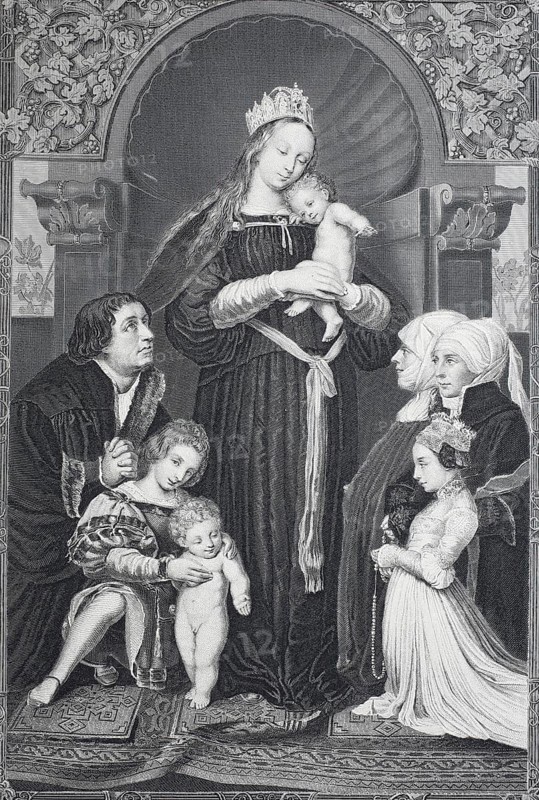 The Madonna with the family of Mayor Meyer, steel engraving after a painting by Hans Holbein the Younger, historical, digitally restored reproduction of a 19th century original