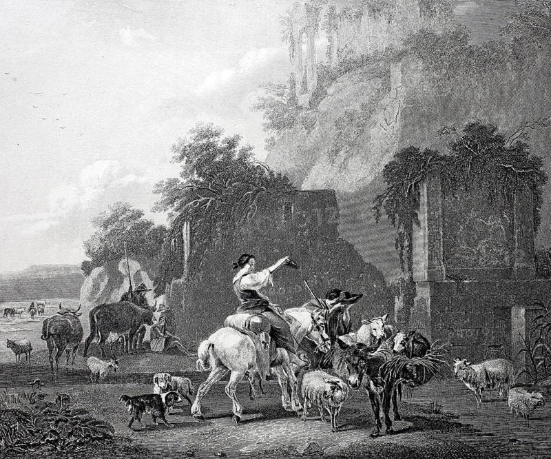 Rural scene with a farmer on horseback, a donkey and sheep, cows and dogs, Steel engraving after a painting by Nicolaes Pietersz. Berchem, Historic, digitally restored reproduction of a 19th century original, A pastoral scene with horsemen and sheep in front of ancient ruins in a mountainous landscape