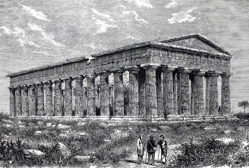 The Temple of Neptune in Paestum around 1800, Campania, Italy, Historical, digitally restored reproduction of a 19th century model