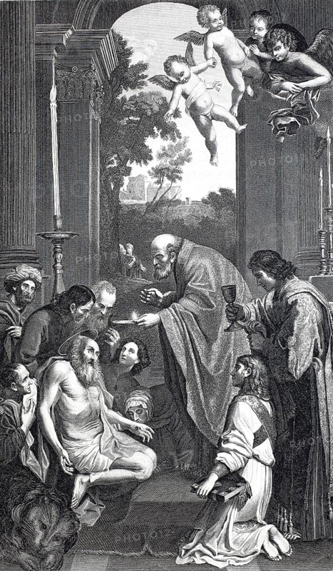 The Last Communion of Saint Sophronius Eusebius Hieronymus (born around 348/349, died on 30 September 420), one of the most important Latin Church Fathers and a very prolific late antique author, steel engraving after a painting by Domenichino, actually Domenico Zampieri, Historical, digitally restored reproduction of a 19th century original