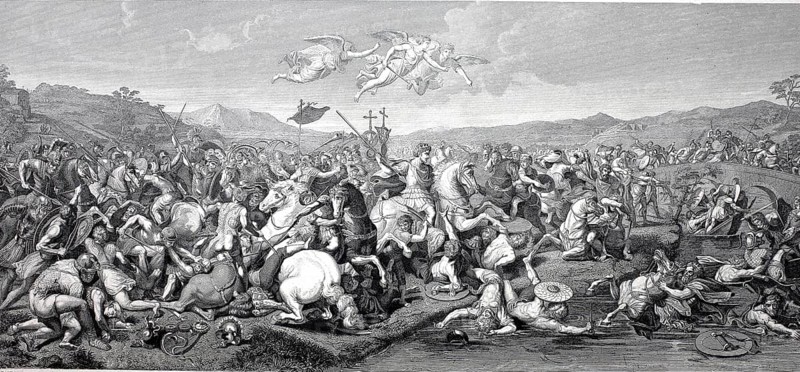 Battle of Constantine, Battle of the Milvian Bridge, also known as the Battle of Saxa Rubra, on 28 October 312 Constantine the Great defeated his rival Maxentius and thus became the sole ruler of the Roman Western Empire, steel engraving after a painting by Raphael, historical, digitally restored reproduction of a 19th century original