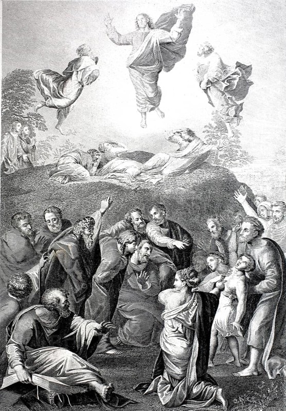 The Transfiguration, Transfiguration of the Lord, Transfiguration of Christ, Transformation of Christ, refers to a revelatory event which, according to the testimony of the Synoptic Gospels, three apostles experienced when they saw Jesus Christ on a mountain in a special, transfigured form with the prophets Moses and Elijah, steel engraving after a painting by Raphael, Historical, digitally restored reproduction of a 19th century original