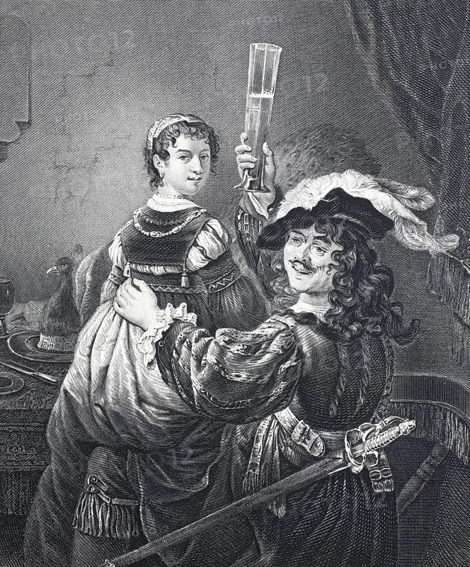 Rembrandt Harmenszoon van Rijn, (born 15 July 1606 in Leiden, died 4 October 1669 in Amsterdam) and his woman Saskia van Uylenburgh, steel engraving after a painting by Rembrandt, Historic, digitally restored reproduction of a 19th century original