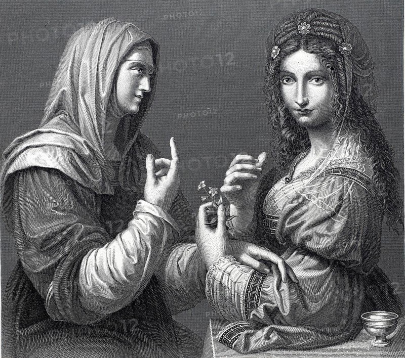 Modesty and vanity, two opposing woman, steel engraving after a painting by Da Vinci, historical, digitally restored reproduction of a 19th century original