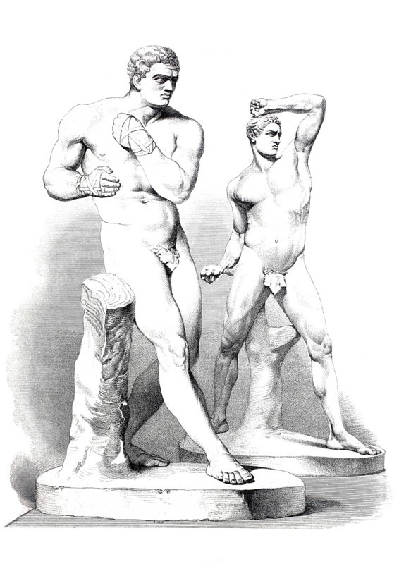 The boxers represent Creugas and Damoxenus, two athletes who fought at the Nenaean Games and, after remaining undecided, faced each other with a single punch, today in the Vatican in the courtyard of the Belvedere, Museum Pio Clementino, Historical, digitally restored reproduction of a 19th-century model