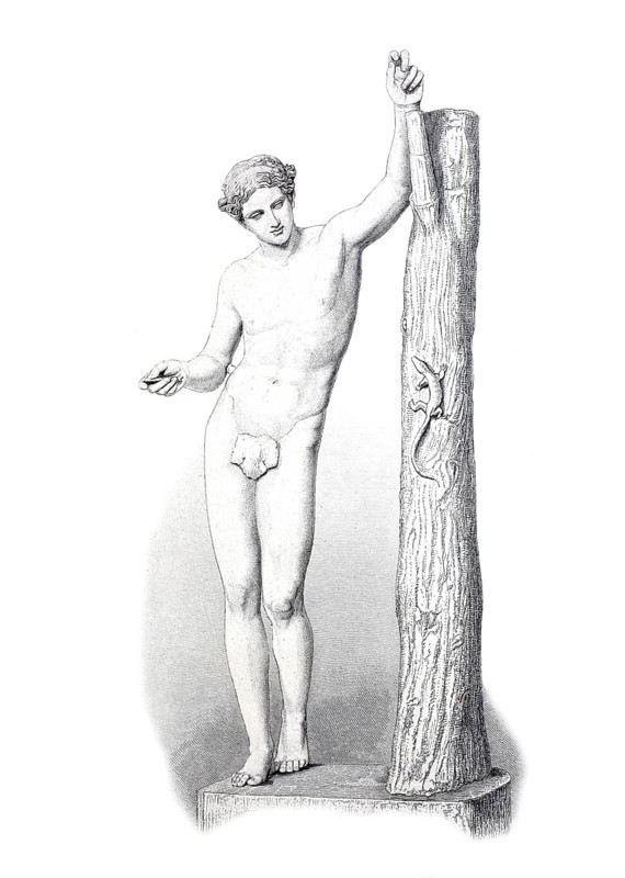 Apollon Sauroktonos, an ancient bronze statue by the artist Praxiteles, created in the middle of the 4th century B.C. It depicts Apollo as a boy leaning against a tree trunk and killing a lizard with an arrow, historical, digitally restored reproduction of a 19th century model