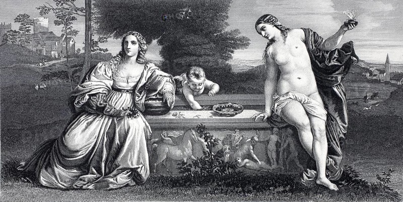 Heavenly and earthly love, the two woman are interpreted as embodiments of divine and earthly love, steel engraving after a painting by Titian, historical, digitally restored reproduction of a 19th century original