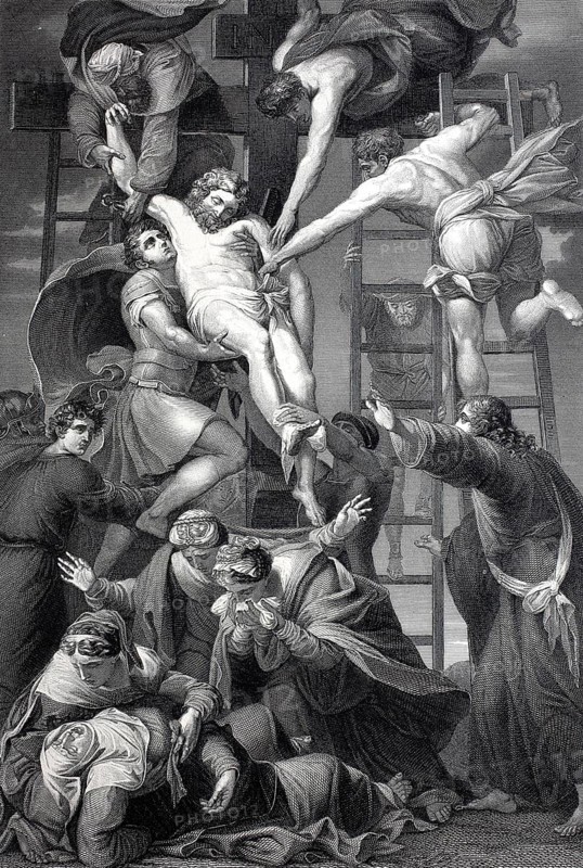 The Descent from the Cross of Jesus Christ, steel engraving after a painting by Daniele da Volterra, historical, digitally restored reproduction of a 19th century original