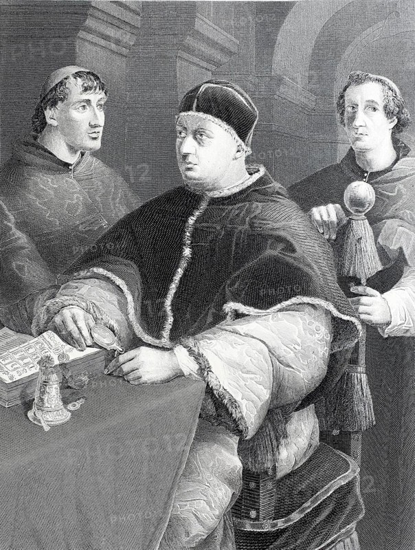 Leo X (born Giovanni de Medici on 11 December 1475 in Florence, died 1 December 1521 in Rome) was Roman Catholic Pope from 11 March 1513 until his death. His pontificate saw the beginning of the Reformation, steel engraving after a painting by Raphael, historical, digitally restored reproduction of a 19th century original