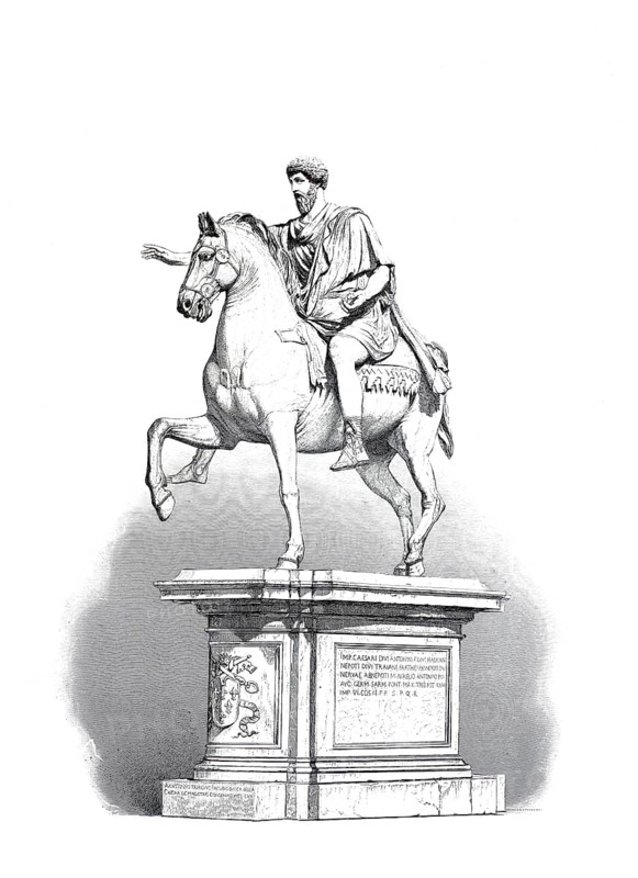 Marcus Aurelius, (born 26 April 121 in Rome as Marcus Annius Catilius Severus, died 17 March 180 in Vindobona or Sirmium), also known as Marcus Aurelius or Marcus Aurelius, was Roman emperor from 161 to 180 and as a philosopher the last important representative of the younger Stoa, equestrian statue from Capitoline Square in Rome, historical, digitally restored reproduction of a 19th century model