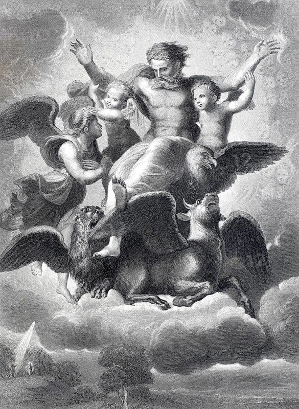 The vision of Ezekiel, one of the great scriptural prophets and the text attributed to him or the book of the same name in the Tanakh or Old Testament, steel engraving after a painting by Raphael, historical, digitally restored reproduction of a 19th century original