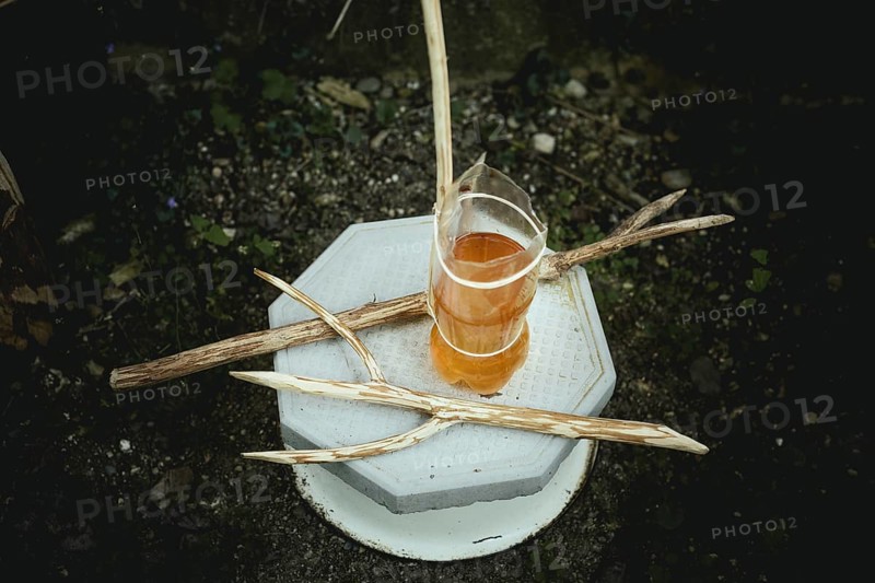 Arasadzikh. Altar to old god, a pagan ritual taking place on 14-01, every year. Under earth is the family wine barrel, the three forks of the wooden stick represent lungs (air), heart (strength) and liver (life), meat that is eaten ritually with all clan members on that day, Ochamchira, Abkhazia, Georgia