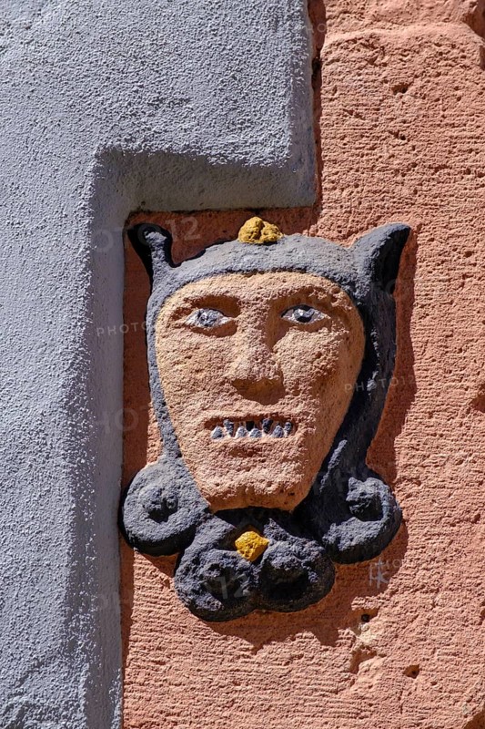 Detail on the house wall, devil, half-timbered houses, alleys, Metzgergasse, Aschaffenburg am Main, Lower Franconia, Franconia, Germany