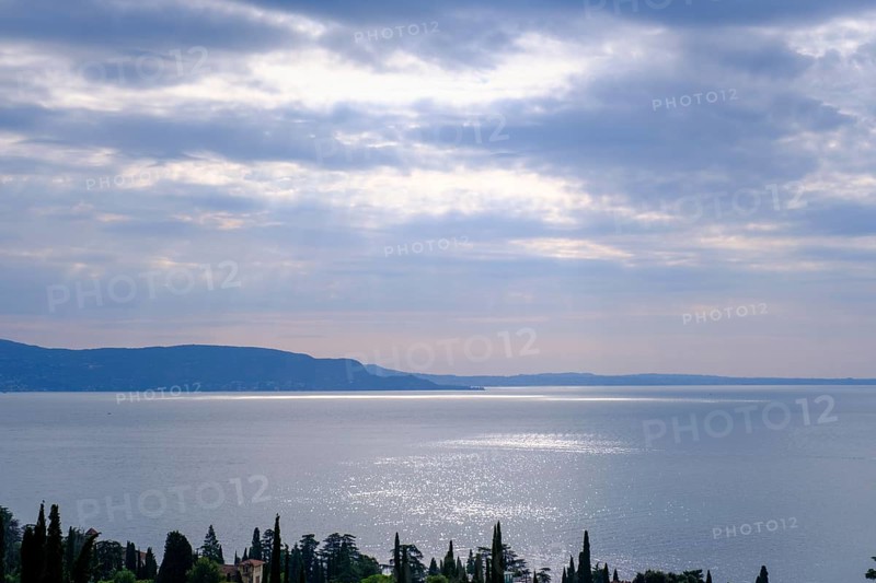 View over Lake Garda, Vittoriale degli Italiani, house and garden of Gabriele D'Annunzio, Gardone Riviera, Lake Garda, Lombardy, Italy