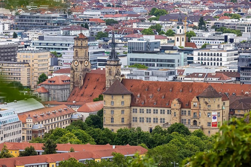 View of the state capital with collegiate church and Altes Schloss. Stuttgart, Baden-Württemberg, Germany