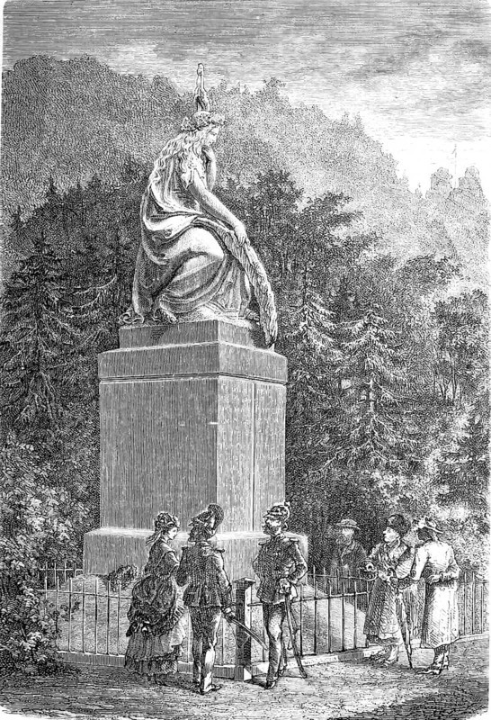 The mourning Germania, Monument to the warriors who fell at Kissingen in 1866, Battle of Kissingen took place during the German War on 10 July 1866 between Prussia and the VII Army Corps of the German Federal Army, Historical, digitally enhanced reproduction of a 19th century original