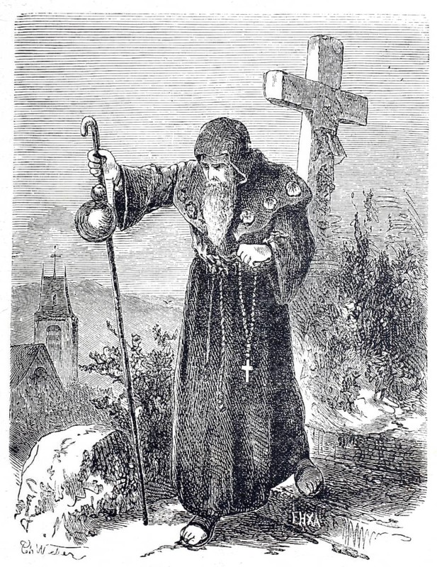 The stick and its use, Pilgrim's stick, Pilgrim's stick, Historical, digitally enhanced reproduction of a 19th century model