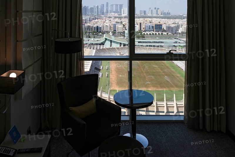 Hotel room with a view of the Al Nahyan Stadium and skyline, Abu Dhabi, United Arab Emirates