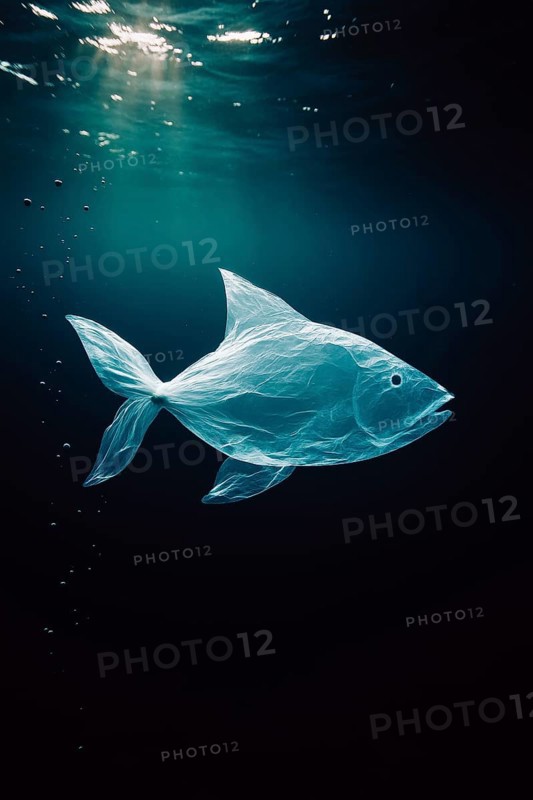 Plastic bag in the shape of a fish, swimming realistically in the open ocean, with air bubbles in the foreground, dramatic lighting mood from above, symbolic image for environmental pollution caused by plastic in the sea, AI-generated, AI-generated, AI generated