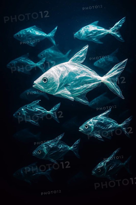 Plastic bags in the shape of several fish, realistically swimming in the open ocean, surrounded by some distant fish in the background, dramatic lighting mood, symbolic image for environmental pollution caused by plastic in the sea, AI-generated, AI-generated, AI generated