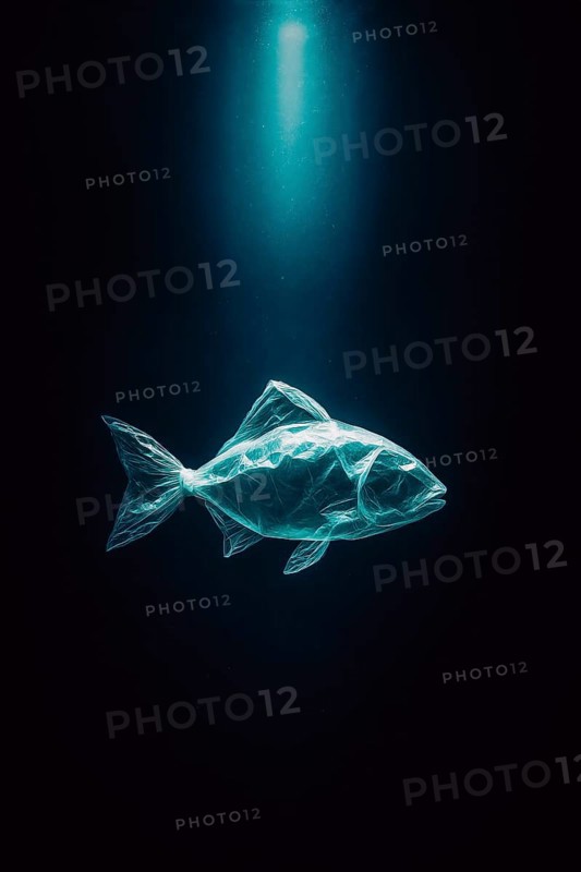 Plastic bag in the shape of a fish, realistically swimming in the open ocean, dark dramatic lighting mood from above, symbolic image for environmental pollution caused by plastic in the sea, AI-generated, AI-generated, AI generated