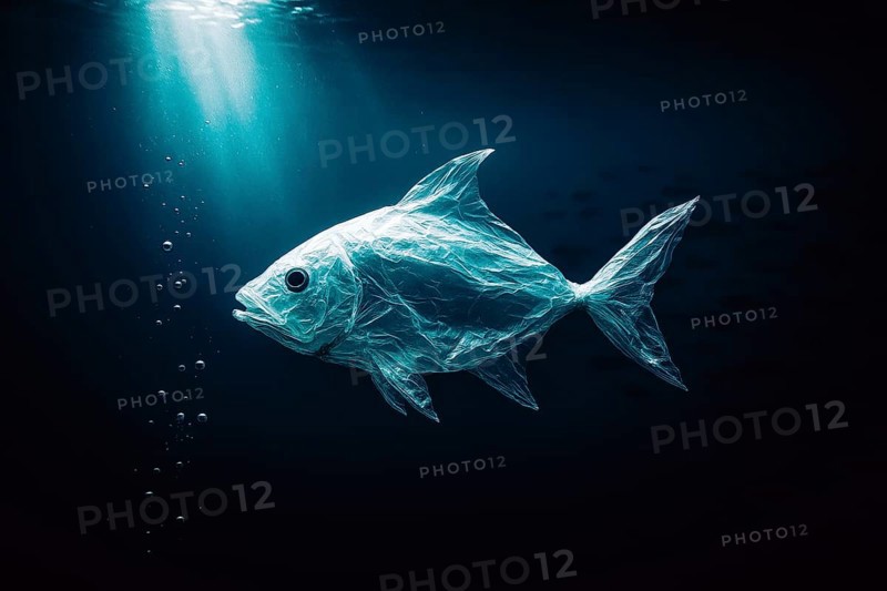 Plastic bag in the shape of a fish, realistically floating in the open ocean, with air bubbles in the foreground and a distant school of fish in the background, dramatic lighting mood from above, symbolic image for environmental pollution caused by plastic in the sea, AI-generated, AI-generated, AI generated