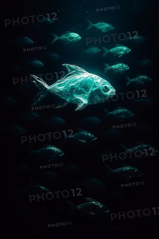 Plastic bag in the shape of a fish in the foreground, several fish surrounding it, swimming realistically in the open ocean, distant school of fish in the background, dramatic lighting mood from above, symbolic image for environmental pollution caused by plastic in the sea, AI-generated, AI-generated, AI generated