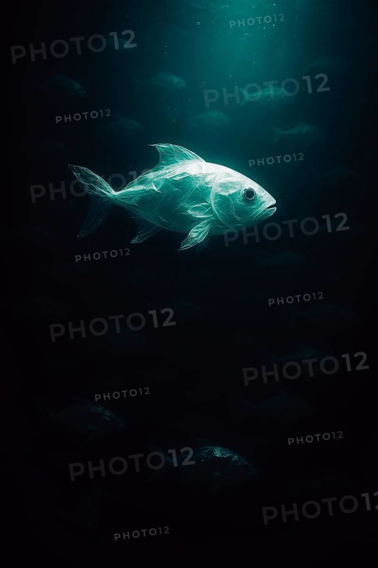 Plastic bag in the shape of a fish, swimming realistically in the open ocean, with hinted air bubbles in the foreground and a distant school of fish in the background, dramatic lighting mood from above, symbolic image for environmental pollution caused by plastic in the sea, AI-generated, AI-generated, AI generated