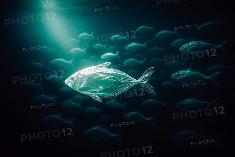 Plastic bag in the shape of a fish, realistically swimming in the open ocean, with air bubbles in the foreground and a school of fish made of plastic bags in the background, dramatic lighting mood from above, symbolic image for environmental pollution caused by plastic in the sea, AI-generated, AI-generated, AI generated