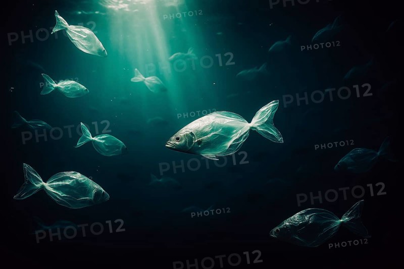 Plastic bags in the shape of several fish, swimming realistically in the open ocean, a few air bubbles visible surrounded by a distant school of fish in the background, dramatic lighting mood from above, symbolic image for environmental pollution caused by plastic in the sea, AI-generated, AI-generated, AI generated