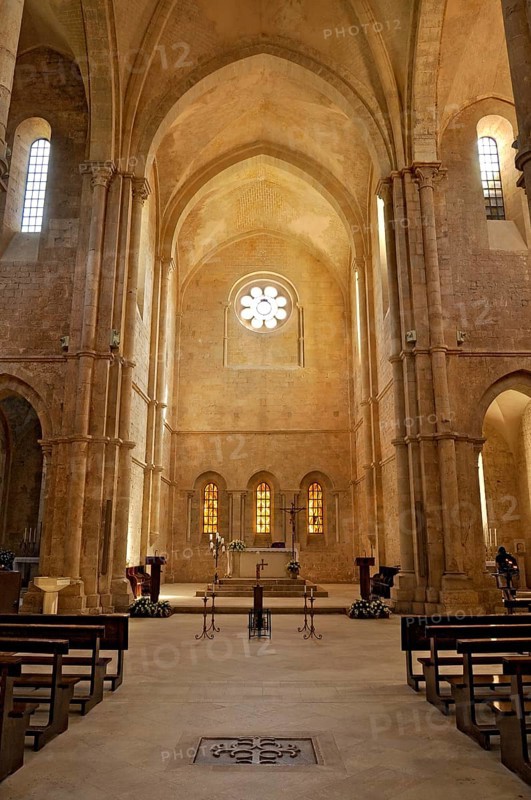 Choir with altar, interior, Gothic basilica of the Cistercian Abbey of Fossanova, Cistercian-Burgundian architectural style, Priverno, Province of Latina, Lazio, Italy
