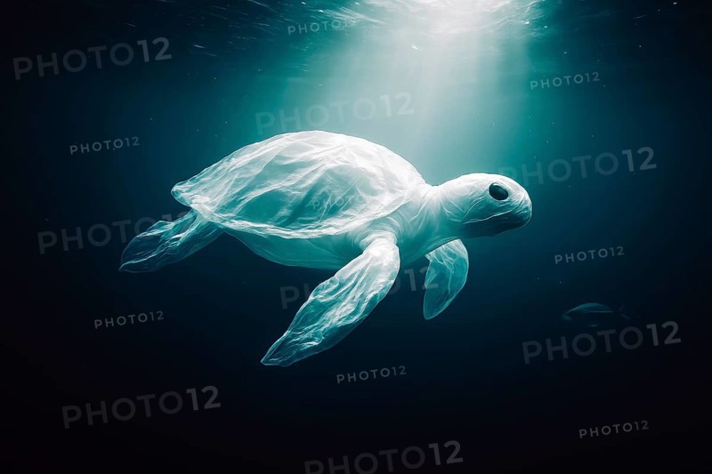 Plastic bag in the shape of a turtle, floating, in the background a fish-shaped plastic bag, dark underwater landscape with bright light from above, symbolic representation of the threat to marine biodiversity from plastic waste, AI-generated, AI-generated, AI generated