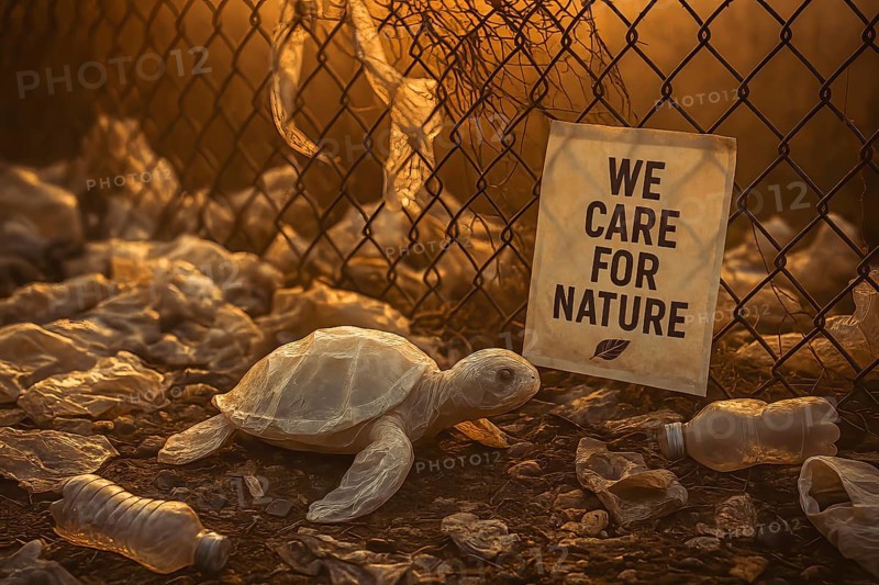 Plastic bag in the shape of a turtle, on the ground in front of a metal fence with rubbish lying around, a sign with the inscription We care for nature hangs on the fence, strong visual criticism of the double standards in dealing with the environment and consumer behaviour, AI-generated, AI-generated, AI generated