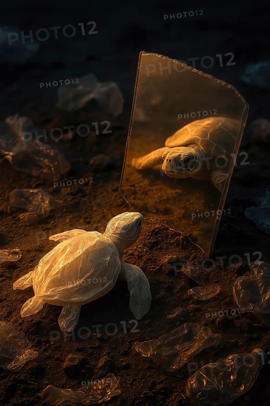 Plastic bag in the shape of a turtle, lying on dirty sand surrounded by plastic waste and looking at a mirror in which the reflection of a real turtle appears, warm light, symbolic juxtaposition of reality and loss of biodiversity through environmental destruction, AI-generated, AI-generated, AI generated