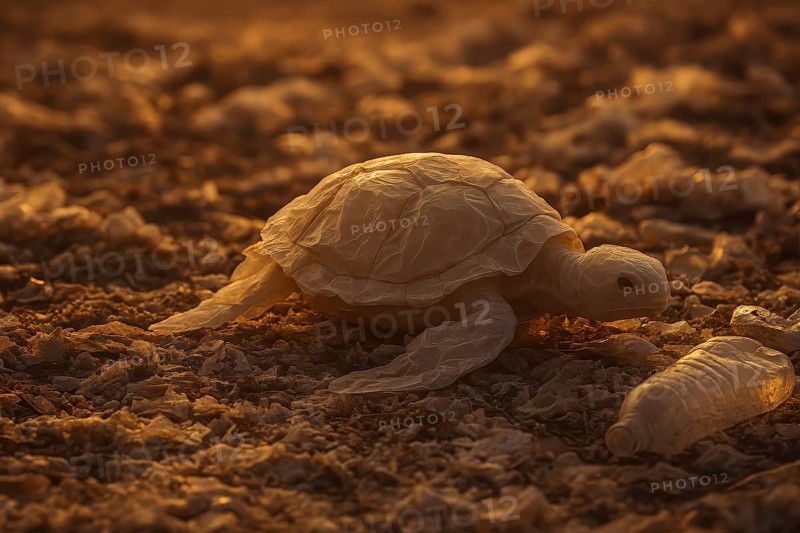 Plastic bag in the shape of a turtle, crawling over a polluted sandy beach, surrounded by a PET bottle and packaging waste, warm light mood with low sun, critical symbol for the effects of consumption and throwaway society on the animal world, AI-generated, AI-generated, AI generated