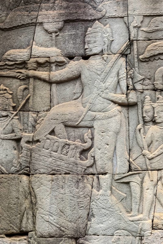 Stone bas-reliefs, Khmer war campaign against the Cham, relief wall, east façade, Bayon temple, Angkor Thom, Siem Reap province, Cambodia
