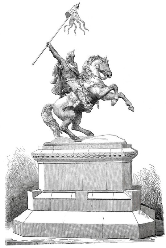 Equestrian statue of William the Conqueror, (1027/28-1087), Duke of Normandy and from 1066 King of England, in his birthplace Falaise in Normandy, 1888, France, digitally enhanced reproduction of a 19th century model, historical, exact date unknown