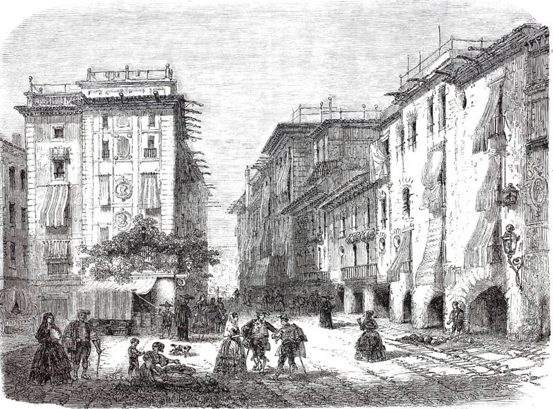 San Augustin Bella Square, 1875, Barcelona, Spain, digitally enhanced reproduction from a 19th century original, historical, exact date unknown