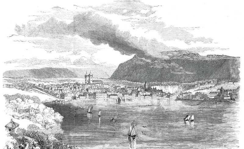 View of the city of Geneva, seen from the lake, 1865, Switzerland, digitally enhanced reproduction from a 19th century original, historical, exact date unknown