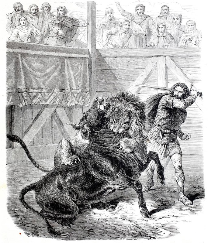 Pipin the Short in battle with bull and lion, Pippin the Younger, also known as Pippin III, Pippin the Short or Pippin the Short (born 714, died 24 September 768) was a Frankish House Emperor from the Carolingian dynasty and King of the Franks from the end of 751, digitally enhanced reproduction from a 19th century original, historical, exact date unknown