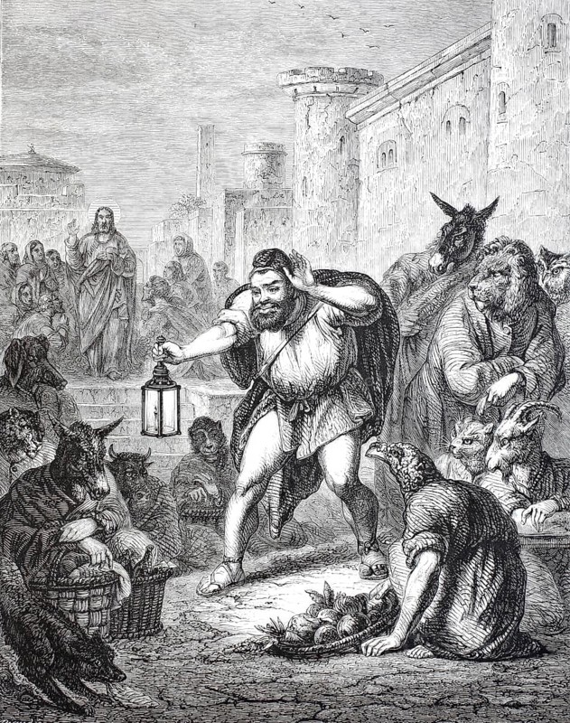 Aesop seeks a man, 1880, from Aesop's Fables, a collection of fables by Aesop, a deformed slave and storyteller, digitally enhanced reproduction from a 19th century original, historical, exact date unknown