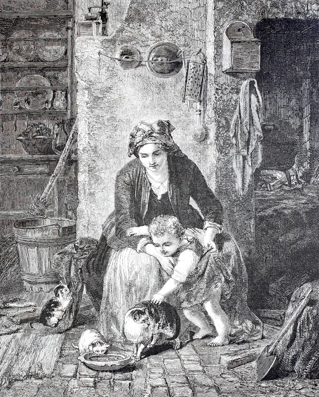 Child and cats, child wants to stroke the cat, the mother holds it, family scene from a farmhouse around 1880 in Germany, digitally enhanced reproduction from a 19th century original, historical, exact date unknown