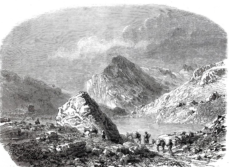 The Daubensee, Gemmisee, lies on the north side of the Gemmi Pass in the Valais municipality of Leukerbad in the Bernese Alps, 1870, Switzerland, digitally enhanced reproduction from a 19th century model, historical, exact date unknown