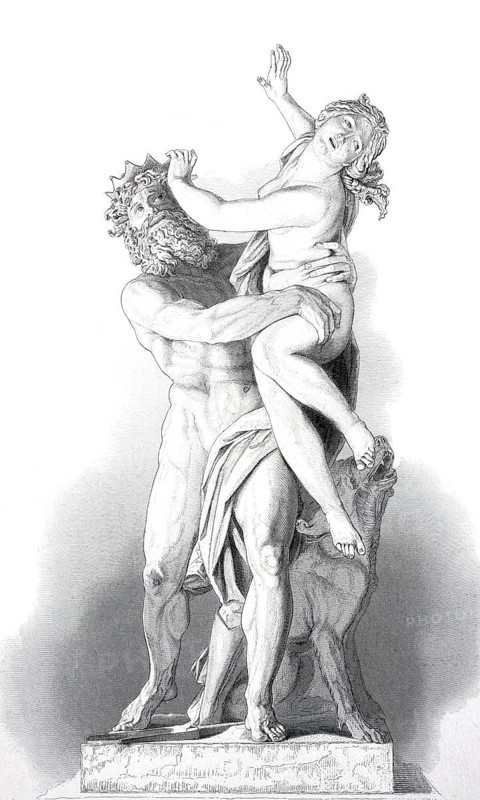 The robbery of Proserpina, a Roman deity. She is the daughter of Jupiter and Ceres and the wife of Pluto, who abducted her to the underworld and made her his wife, illustration from 1870, digitally enhanced reproduction of a 19th century model, historical, exact date unknown