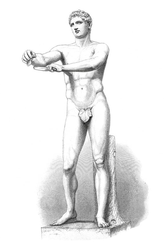 Apoxyomenos, the statue of an athlete wiping dust and sweat from his skin with the help of a strigilis. Apoxyomenos of Lysipp, bronze statue by the sculptor Lysipp from the 2nd half of the 4th century BC, illustration from 1870, digitally enhanced reproduction of a 19th century model, historical, exact date unknown